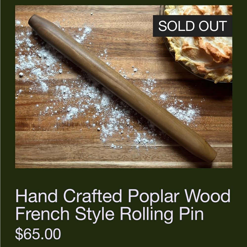 James Taylor Renewals Hand Crafted Poplar Wood French Style Rolling Pin. New.
